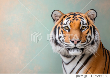 A tiger is staring at the camera, a distinctive striped pattern, animal portrait 127599909