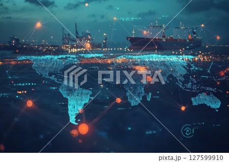 A computer generated image of a city with a large ship in the middle, global logistics and transportation concept A computer generated image of a city with a large ship in the middle, global logistics and transportation concept 127599910
