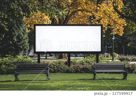 A large empty white billboard sits in a park with two benches nearby, a peaceful and relaxing atmosphere A large empty white billboard sits in a park with two benches nearby, a peaceful and relaxing atmosphere 127599917
