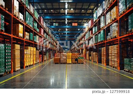 A large warehouse with many pallets of goods stacked on top of each other, order and organization, logistics and transportation concept 127599918