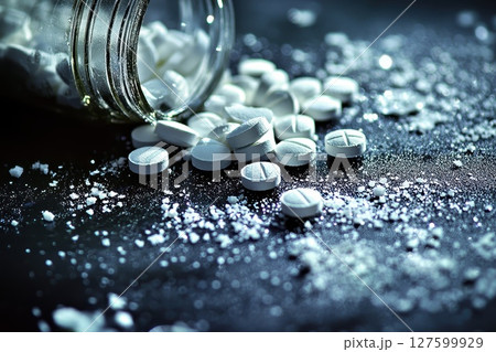 A bottle of pills is on a table with a pile of pills on the table 127599929