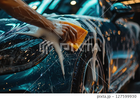 A person is washing a car with a sponge, a lot of foam coming off 127599930