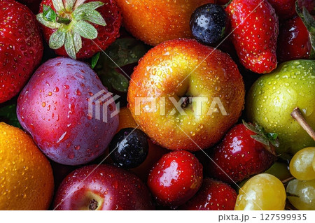 A bunch of fruit with a few apples and some grapes, covered in water droplets, fresh fruits 127599935