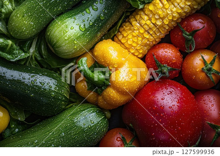 A variety of vegetables and fruits, including tomatoes, peppers, and corn, covered in water droplets, fresh vegetables 127599936