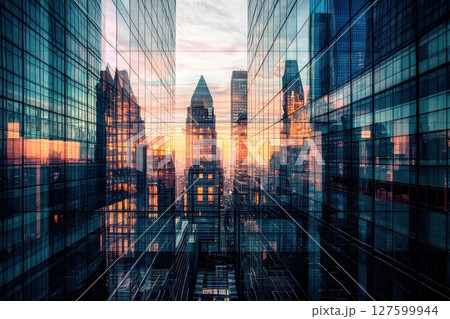 A city skyline with a sunset in the background, creating a sense of depth and perspective. A city skyline with a sunset in the background, creating a sense of depth and perspective. 127599944