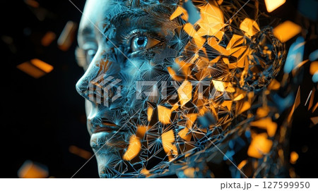 A woman face is shown in a computer generated image with a lot of broken pieces, The image has a futuristic and abstract feel A woman face is shown in a computer generated image with a lot of broken pieces, The image has a futuristic and abstract feel 127599950
