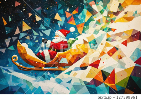 A colorful painting of Santa Claus riding a sled, abstract and has a playful festive mood 127599961