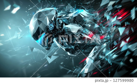 A robot with a blue helmet is flying through a space with a lot of debris A robot with a blue helmet is flying through a space with a lot of debris 127599980
