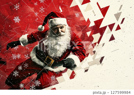 A Santa Claus is shown in a red background with snowflakes 127599984