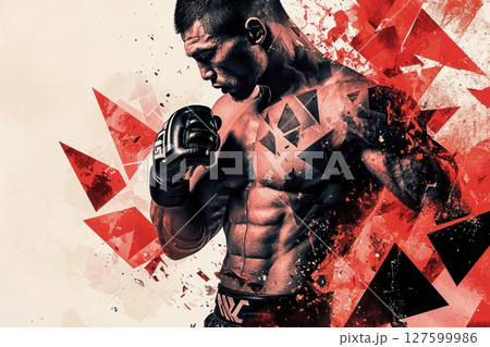 A man is holding a boxing glove in a red and black background, muay Thai poster for a boxing game 127599986