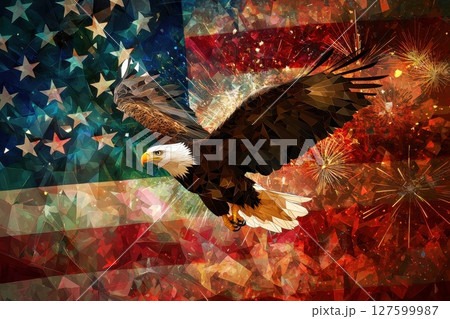 A patriotic image of an eagle flying over the American flag, patriotic and bold feel, celebration and excitement to the scene 127599987