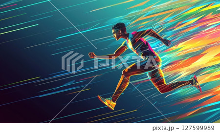 A man is running in a colorful blur, vibrant colors and blurred effect create a dynamic and exciting 127599989