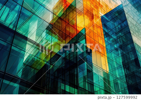 A colorful cityscape with tall buildings and lots of glass windows, depth and perspective 127599992