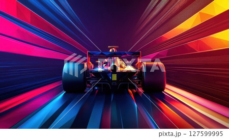A colorful image of a race car driving down a track, futuristic and vibrant, a dynamic and exciting feel 127599995