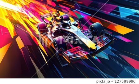 A colorful car is racing down a track, futuristic and vibrant, a dynamic and exciting feel 127599996