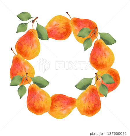 Fruit round frame of yellow pear fruits with leaves. Watercolor illustration. Wreath of juicy fruits. Hand drawn isolated art. Vegetarian products organic food. For juice packaging design, menu 127600023