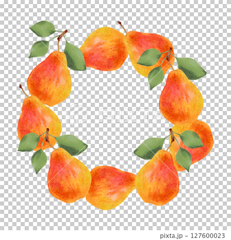 Fruit round frame of yellow pear fruits with leaves. Watercolor illustration. Wreath of juicy fruits. Hand drawn isolated art. Vegetarian products organic food. For juice packaging design, menu 127600023
