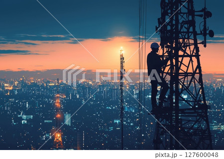 A man is working on a tall tower in the city at night 127600048