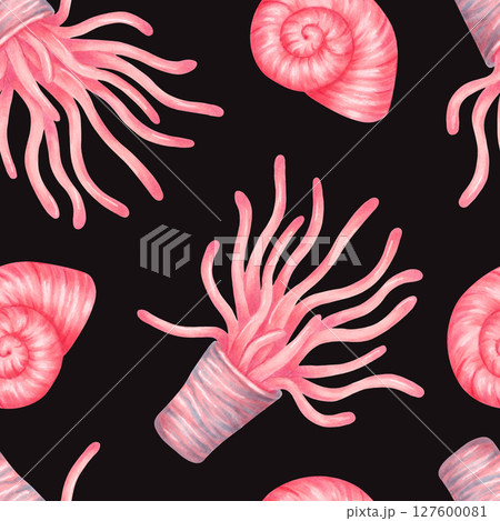 Peachy sea anemones with tentacles and spiral shell. Seamless pattern with sea corals and shells. Watercolor, marker illustration. Hand-drawn background. Image for marine theme, fabric, textile 127600081