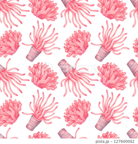 Seamless pattern with sea animals. Peachy sea anemones with tentacles and bushy corals. Watercolor, marker illustration. Hand drawn isolated background. Image for marine theme, fabric, textile 127600082