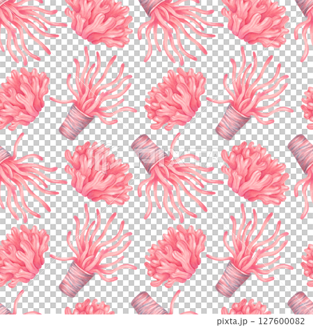 Seamless pattern with sea animals. Peachy sea anemones with tentacles and bushy corals. Watercolor, marker illustration. Hand drawn isolated background. Image for marine theme, fabric, textile 127600082
