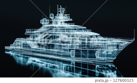 Luxurious yacht design showcased in a high-tech digital rendering with details 127600323