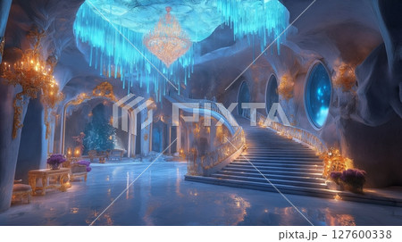 Grand blue ballroom with ornate arches and decorative trees. Fantasy interior design. 127600338