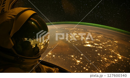 Astronaut observes Earth from space at night, highlighting city lights 127600340