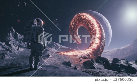 Astronaut encounters a giant fiery serpent in a surreal extraterrestrial landscape at night 127600356