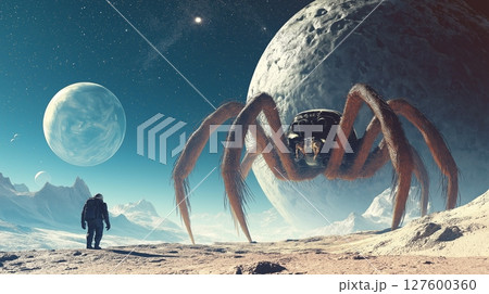 Encounter on a distant planet with a giant spider looming over an astronaut 127600360