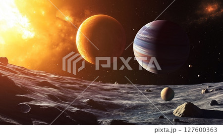 Few planets in orbit around a distant star with surface view of a celestial body at sunset 127600363