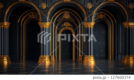 Elegant black palace hall with golden details and marble flooring 127600374