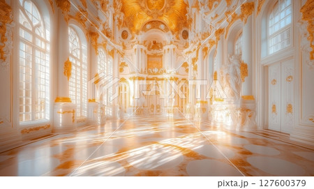 White palace baroque hall with golden accents and marble flooring 127600379