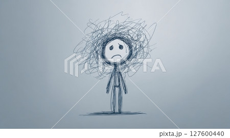 A sad stick figure with a tearful face stands under a chaotic scribbled cloud symbolizing emotional distress 127600440