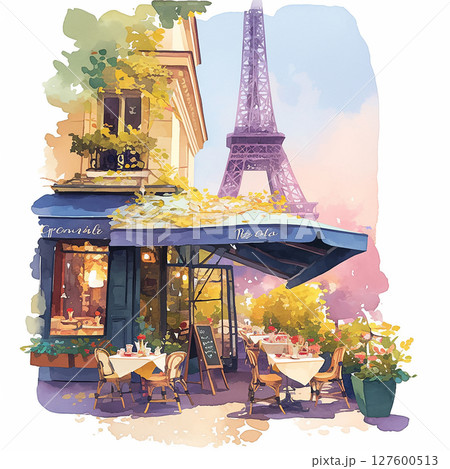 Charming outdoor cafe near the Eiffel Tower with tables set under a beautiful sky at sunset in Paris 127600513