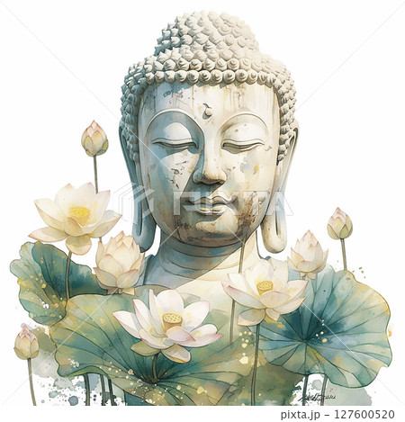 Serene Buddha statue surrounded by blooming lotus flowers in peaceful garden setting Serene Buddha statue surrounded by blooming lotus flowers in peaceful garden setting 127600520