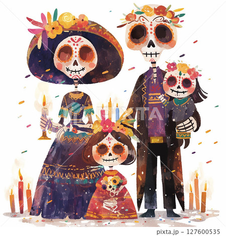 Colorful family celebration with skeletons honoring tradition and culture during a festival at twilight 127600535