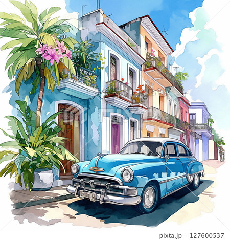 Classic blue car parked along colorful colonial buildings in a vibrant street scene at midday Classic blue car parked along colorful colonial buildings in a vibrant street scene at midday 127600537