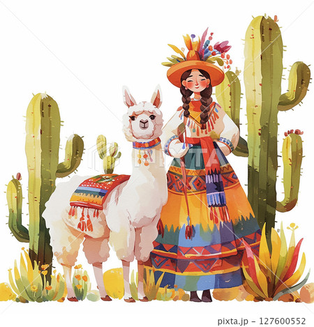 Colorful woman in traditional attire standing with a llama amidst cacti and desert plants in a vibrant landscape 127600552