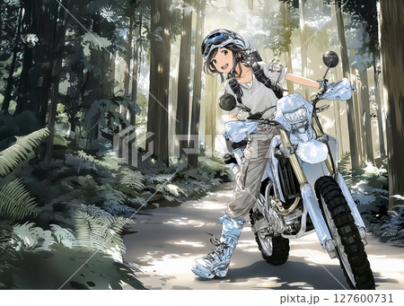 森の中のツーリングロードをトレールバイクで走行する女性のイラスト素材 127600731