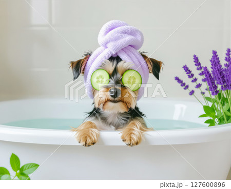 A charming dog hides in a bathtub filled with fluffy bubbles, with only its adorable ears peeking out from under a towel. A charming dog hides in a bathtub filled with fluffy bubbles, with only its adorable ears peeking out from under a towel. 127600896