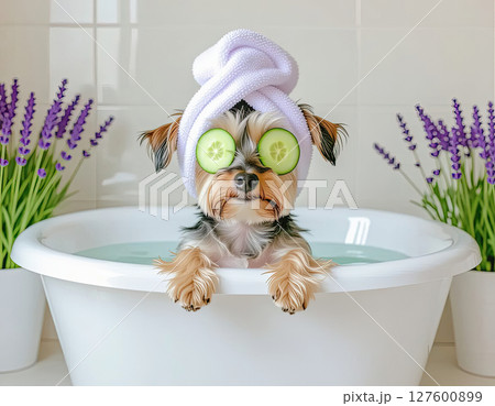 A charming dog hides in a bathtub filled with fluffy bubbles, with only its adorable ears peeking out from under a towel. A charming dog hides in a bathtub filled with fluffy bubbles, with only its adorable ears peeking out from under a towel. 127600899