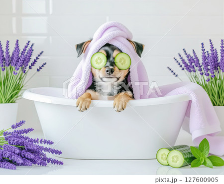 A charming dog hides in a bathtub filled with fluffy bubbles, with only its adorable ears peeking out from under a towel. 127600905