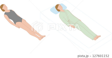 仰向けで横たわる女性。患者衣と下着姿の斜め上から見たベクターイラスト。 仰向けで横たわる女性。患者衣と下着姿の斜め上から見たベクターイラスト。 127601152