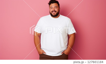 joyful young hispanic plus size body positive male man boy guy 30s in white blank design casual t-shirt posing color background studio portrait, ai 127601184