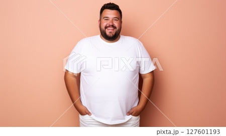 joyful young hispanic plus size body positive male man boy guy 30s in white blank design casual t-shirt posing color background studio portrait, ai 127601193