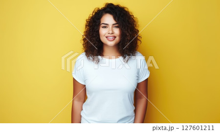 joyful young hispanic plus size body positive female woman girl 30s in white blank design casual t-shirt posing color background studio portrait, ai 127601211