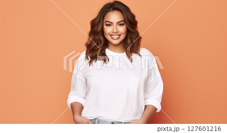 joyful young hispanic plus size body positive female woman girl 30s in white blank design casual t-shirt posing color background studio portrait, ai joyful young hispanic plus size body positive female woman girl 30s in white blank design casual t-shirt posing color background studio portrait, ai 127601216