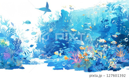 海の生き物と魚の群れがいるイラスト 127601392