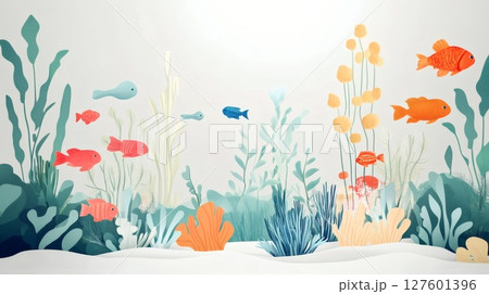 夏の海の生き物と魚たちの群れがいる夏風景イラスト 127601396